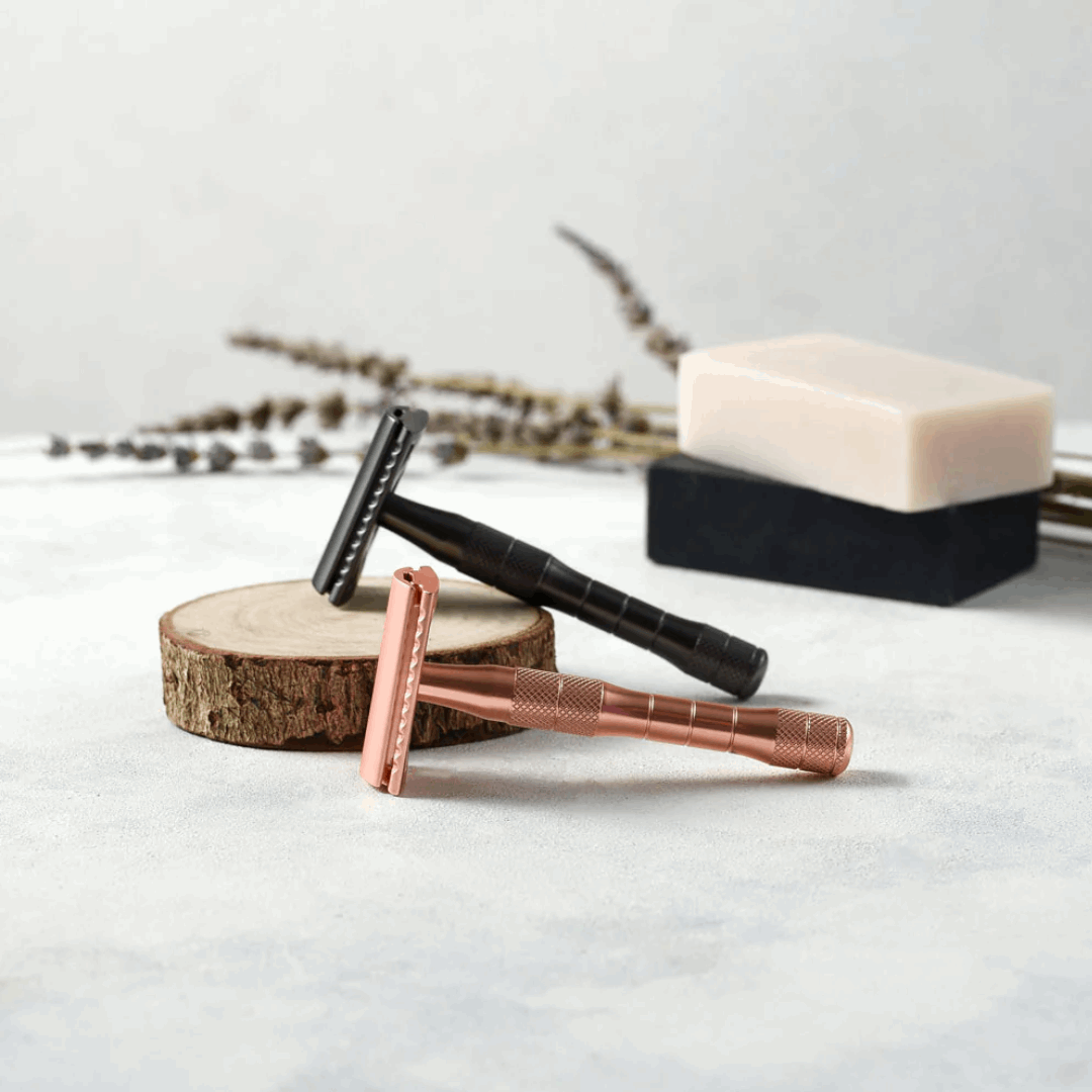 Jungle Culture Rose Gold and Black Reusable Safety Razors w/ Natural Jute Travel Bag Pic 2